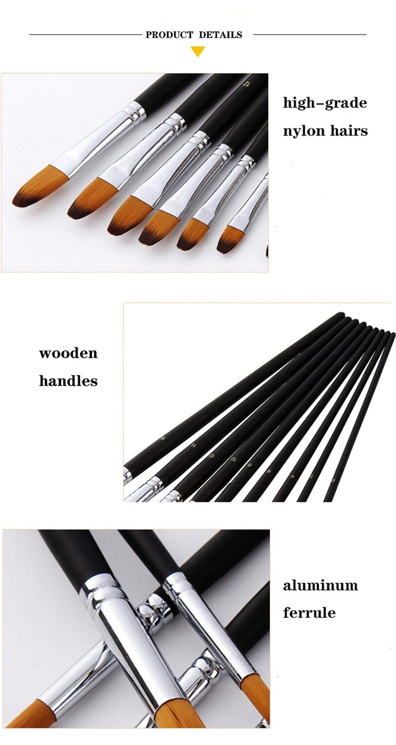 HOJIBOFA Artist Paint Brushes Set,9 Pcs Professional Filbert Brushes for Acrylic Oil Watercolor Gouache Painting Kits with Long Handle Nylon Hair Black - Image 5